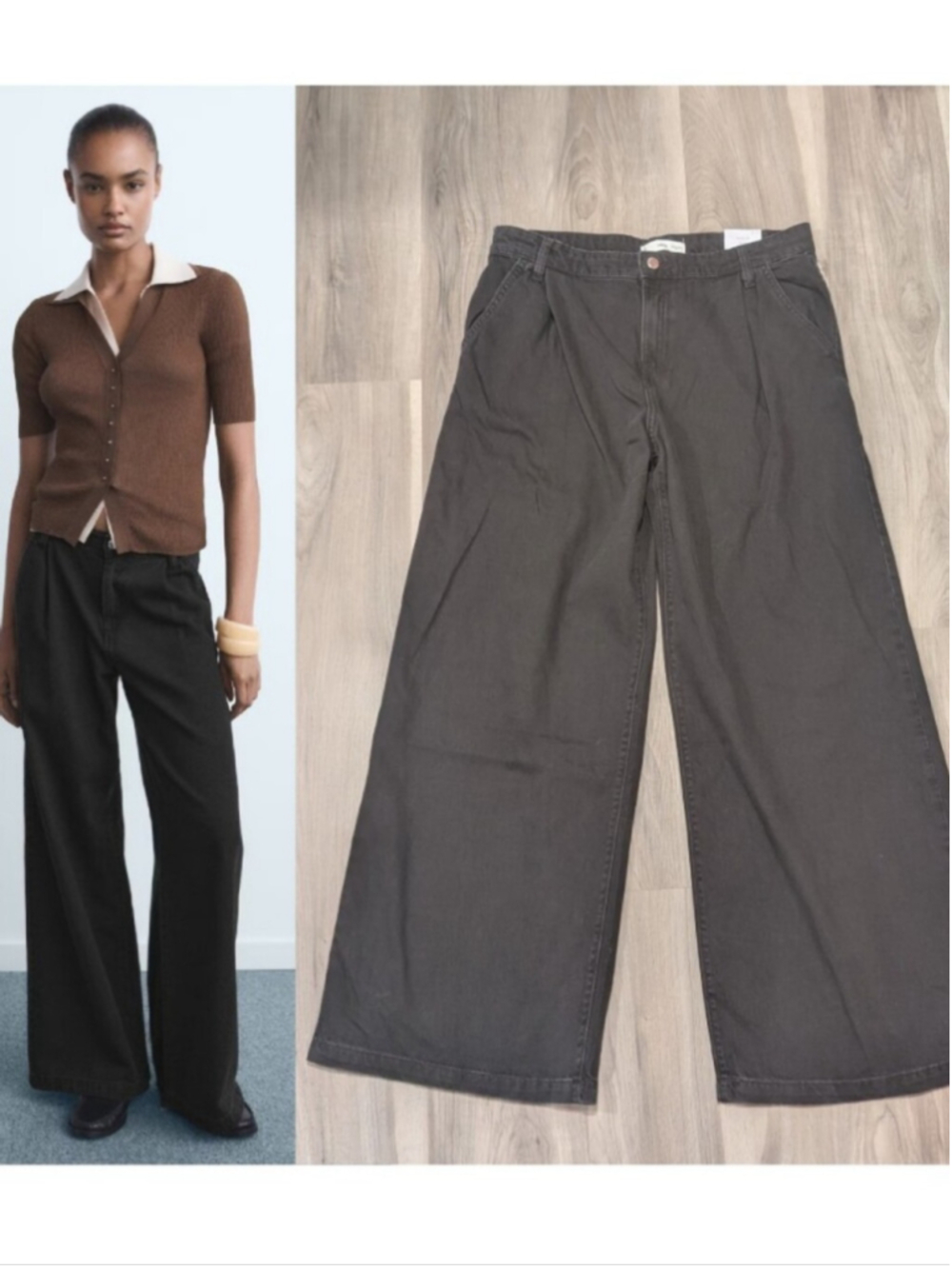 Mango | Wide Leg Pleated Jeans In Washed Black Denim